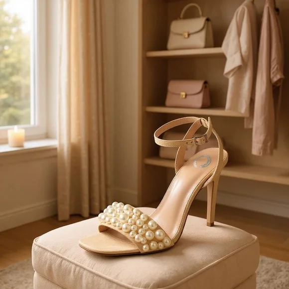 Journee Collection Tan Beige Microsuede Pearl Heel Sandals SZ 9.5 M - Picture 11 of 11